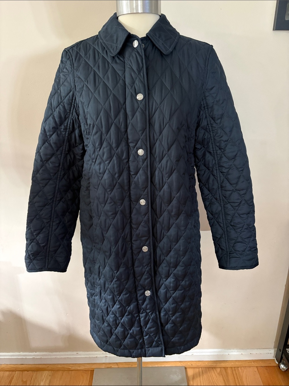 L.L. Bean Navy Quilted Diamond Jacket Plaid Lined Women Size Small Petite 0GCX5